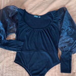 Nasty Gal Black Sheer Puff Sleeve Ribbed Bodysuit